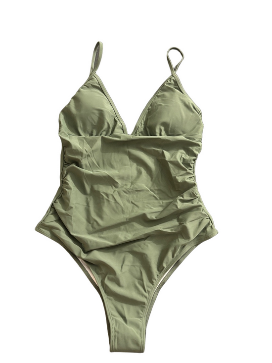 Other - Women’s Olive Green One Piece Swimsuit Ruched V Neck Adjustable Straps Size L